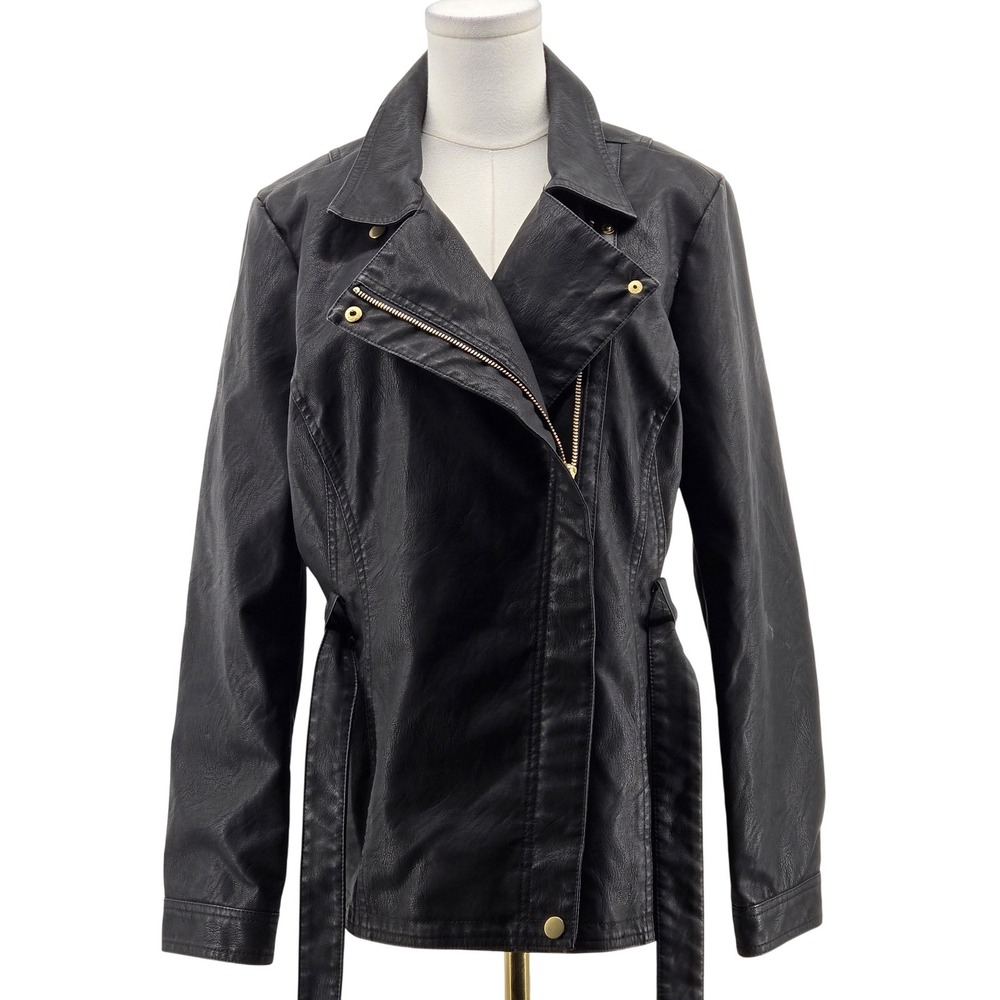 BACCINI Jacket Womens PL Black Polyurethane Biker Belted Lined Full Zip